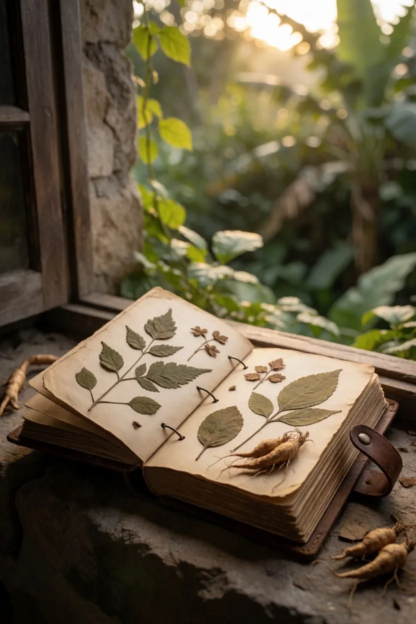 Botanical reference book with natural specimens