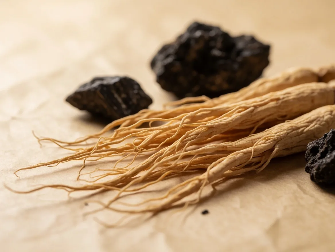 Dried ginseng root and mineral specimens on warm paper