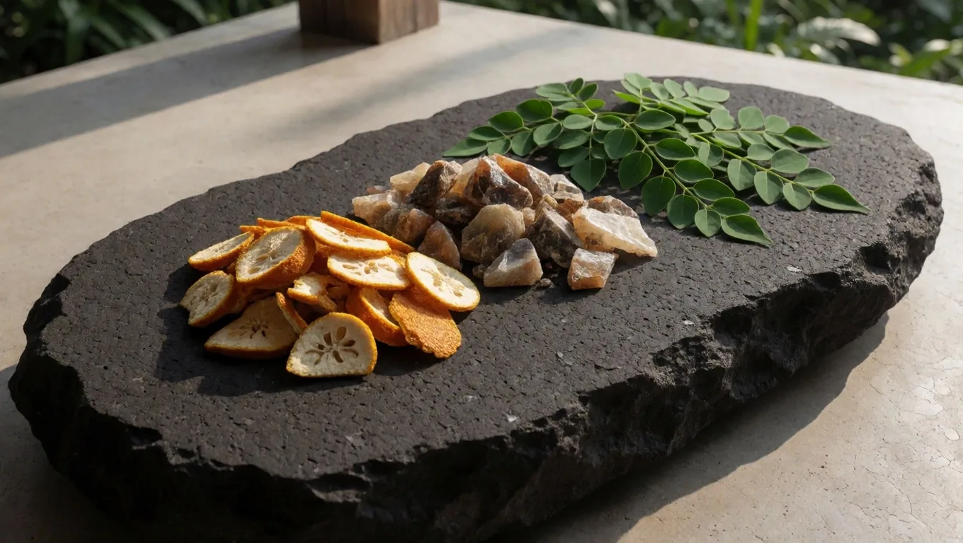 Natural supplement ingredients arranged on warm stone in side light