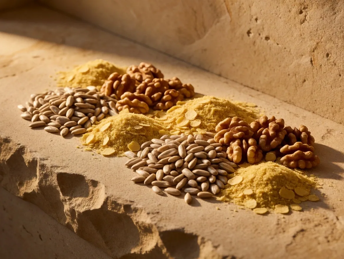 Natural food sources of B-complex vitamins on warm stone