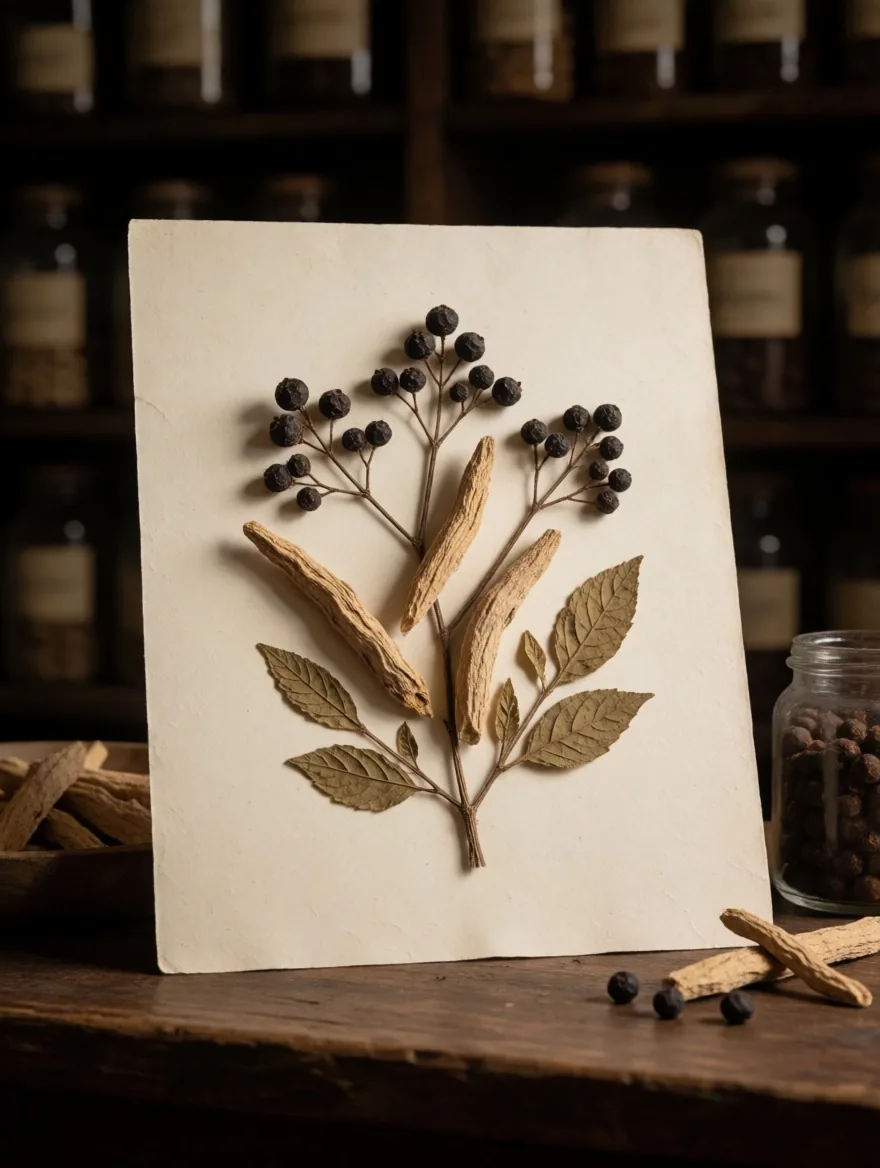Dried botanical specimens mounted as pharmacopoeia plate