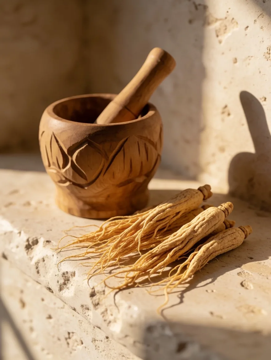 Ginseng and maca root specimens with mortar and pestle
