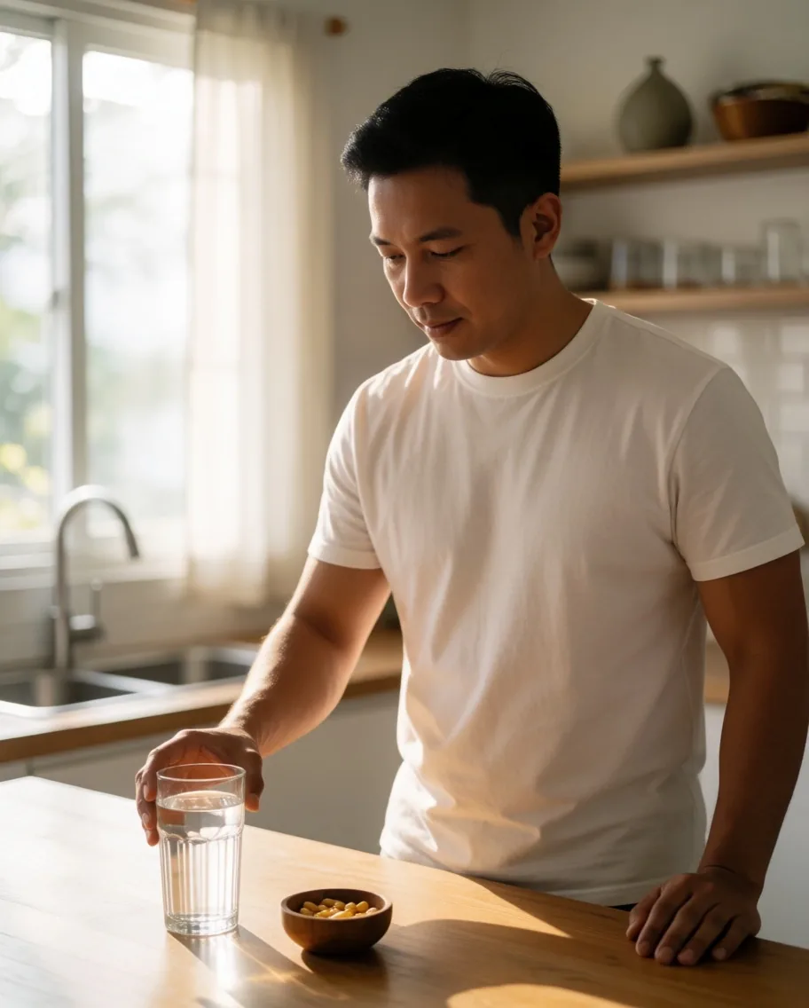 Man preparing morning supplement routine in Jakarta kitchen