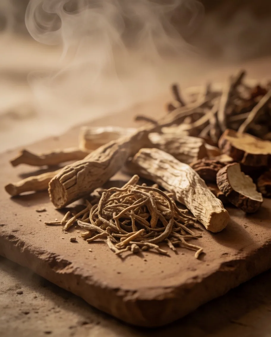 Ashwagandha and Rhodiola roots on warm paper