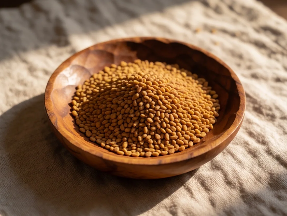 Fenugreek seeds in a wooden bowl