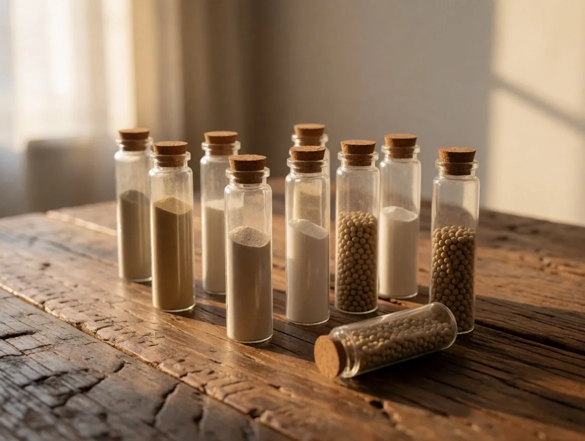 Glass vials with mineral powders on wood