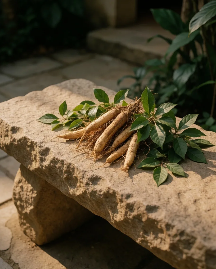 Tongkat ali root and herbal leaves on stone