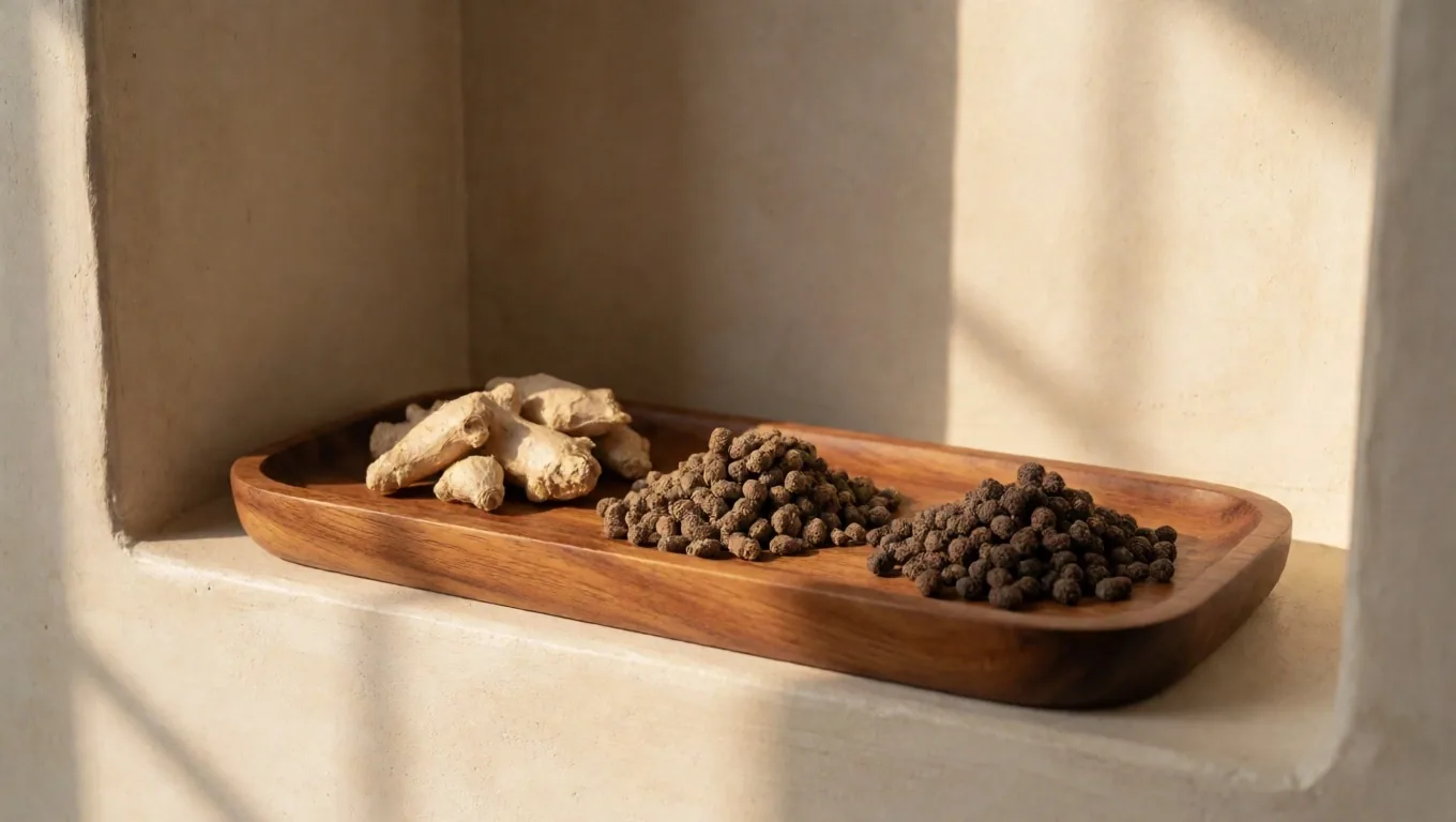 Natural supplement specimens on warm paper under side window light