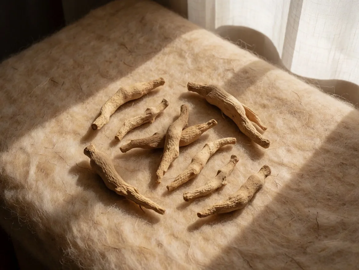 Dried ashwagandha root specimens on warm paper