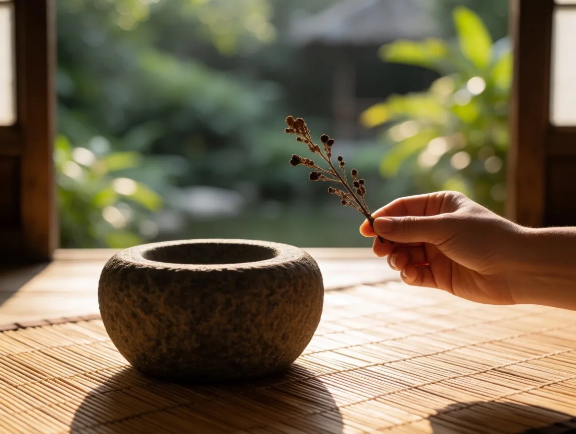 Reading a supplement label with dried herbs nearby